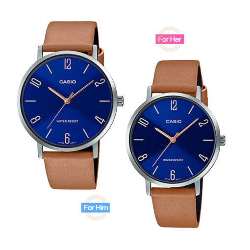 Order online Casio VT01DL-2B2 simple blue dial & brown leather pair watches for couple.