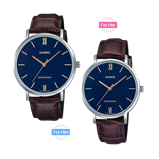 Order online  simple blue dial & brown leather band pair watches for couple.