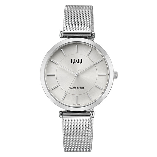 Shop for Q&Q Q13A-003PY silver mesh chain & round analog dial ladies wrist watch with water resistance.