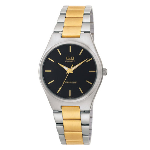 Shop for Q&Q Q716-402Y two tone stainless steel chain & black analog dial men’s gift watch with water resistance.