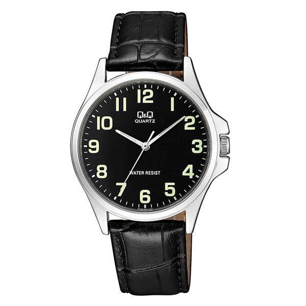 Shop for Q&Q QA06J305Y black leather strap & black dial men’s analog quartz dress watch.