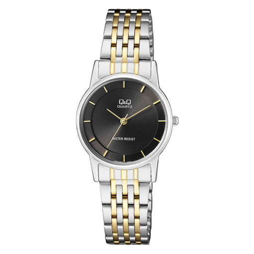 Shop for Q&Q QA57J402Y ladies gift watch in black analog dial & two tone stainless steel chain with water resistance.