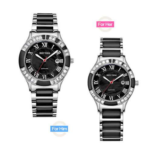 Order online branded  two tone stainless steel band & sapphire glass stone engraved case black roman dial pair gift watch for couple.